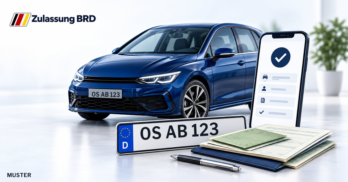 Online Fahrzeugzulassung in Dissen am Teutoburger Wald: Musterkennzeichen OS AB 123, Auto und Fahrzeugpapiere und Smartphone. Illustration mit Logo von Zulassung BRD.